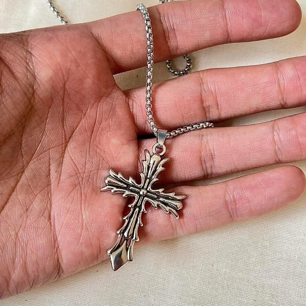y2k grunge silver cross pendant necklace